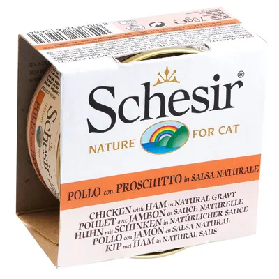 Schesir Nature for Cat, pollo con prosciutto in salsa naturale. La confezione mostra i dettagli del prodotto in più lingue.