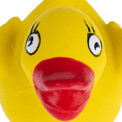 Yellow squeaky toy in the shape of a duck with a red beak and large eyes. Suitable for pets to play with.