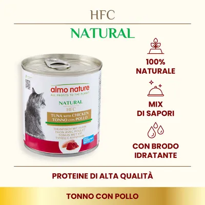 almo nature HFC Natural Tonno con Pollo, 100% naturale, mix di sapori, con brodo idratante, proteine di alta qualità. Lattina con immagine di gatto e testo in più lingue.