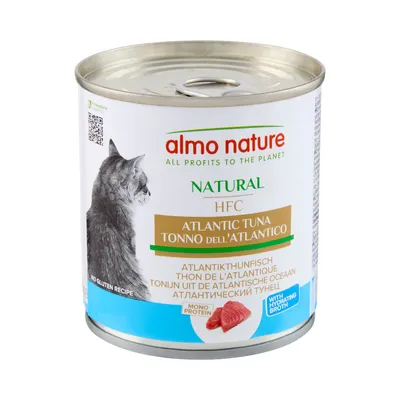 almo nature Natural HFC Tonno dell'Atlantico, lattina con immagine di gatto, scritte: mono protein, with hydrating broth, no gluten recipe, all profits to the planet