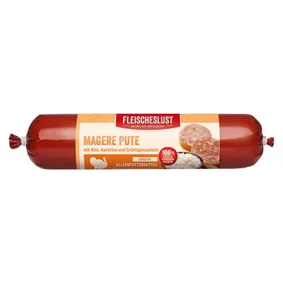 Fleischeslust Magere Pute, met rijst, wortelen en schil van gierst, 100% vers vlees, SENSITIVE, Alleinfuttermittel. Afbeelding van worstvormige verpakking met product en ingrediënten.