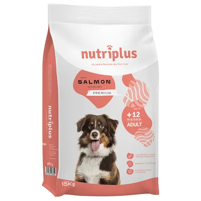 Nutriplus Premium karma dla psów z łososiem, dla dorosłych psów od 12 miesięcy. Wielkość opakowania: 15 kg.