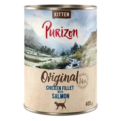 Purizon Kitten Original, filet z kurczaka z łososiem, puszka 400g. Zawiera 14% białka i 45% kurczaka.