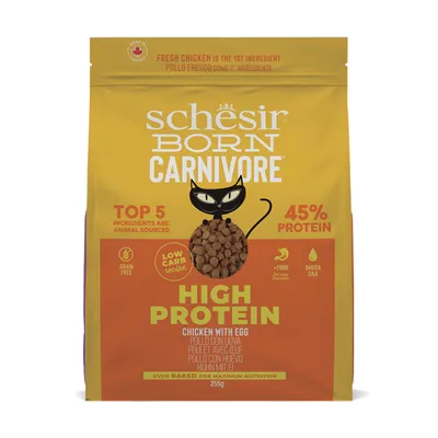 Schesir Born Carnivore High Protein, Huhn mit Ei, 45% Protein, Getreidefrei, Low Carb Rezept, Omega 3&6, +Faser für gesunde Verdauung, 255g. Frisches Huhn als erste Zutat.