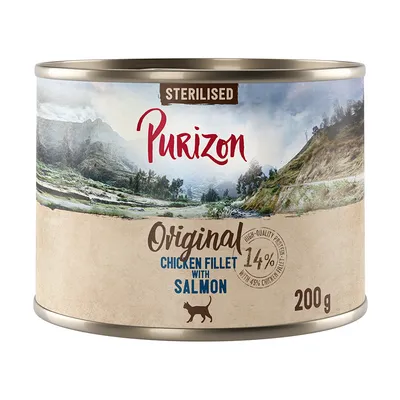 Purizon Sterilised Original filet de poulet avec saumon, 14 % de protéines, boîte de 200 g pour chats.