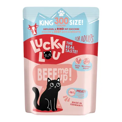 Lucky Lou Katzenfutter für Erwachsene, Geflügel & Rind mit Zucchini, 300g. Grain free, ohne Zuckerzusatz, über 96% Fleisch, Made in Germany.