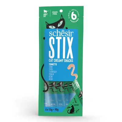 Schesir Stix Cat Creamy Snacks, atún, 6 porciones individuales de 15g, 90g peso total, sin cereales, para gatos adultos.
