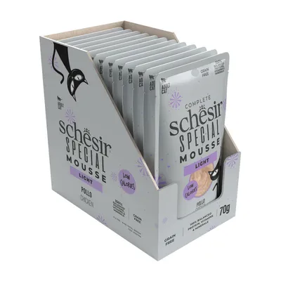 Schesir Special Mousse Light, kip, voor volwassen katten, 70g. Graanvrij, laag in calorieën, 100% uitgebalanceerde eiwitten, vitaminen en mineralen.