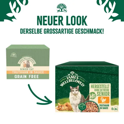 James Wellbeloved Senior Cat Truthahn in Sauce, hergestellt ohne Getreide. Neuer Look, derselbe grossartige Geschmack.