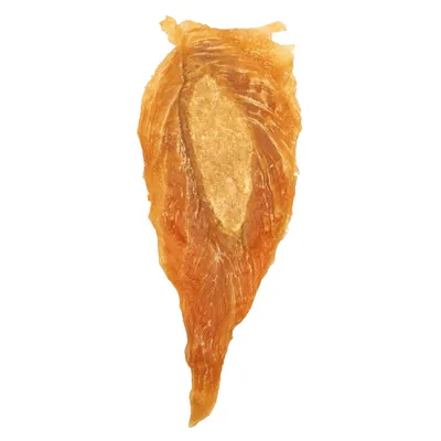 Torkad bit kycklingbröstfilé, gyllenbrun och avlång form.