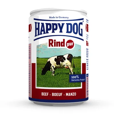 Lata de comida para perros Happy Dog Rind pur. Texto visible: Made in Germany, 100% tierisches Protein, BEEF • BOEUF • MANZO.