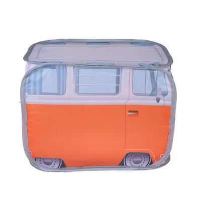Faltbares Spielzelt in Form eines orange-weissen VW-Busses mit Fenstern und Türen, geeignet für Kinder oder Haustiere.