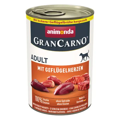 Animonda GranCarno Adult z sercami drobiowymi, 100% świeżych składników, bez zbóż, bez glutenu, wyprodukowane w Niemczech. Z pysznym bulionem drobiowym.