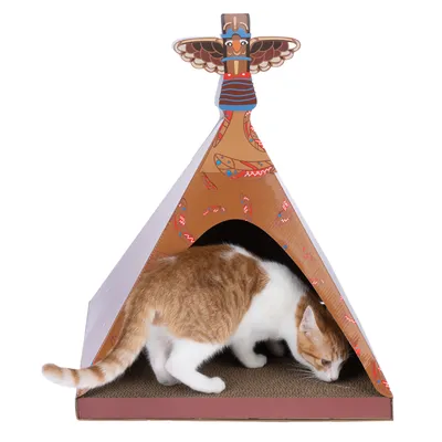 Chat roux et blanc dans une maisonnette tipi en carton décorée de motifs colorés, avec un totem au sommet. Sol intérieur en carton ondulé visible.
