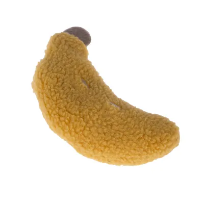 Gelbes Plüschspielzeug in Form einer Banane mit brauner Spitze, geeignet für Haustiere.