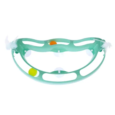 Jucărie din plastic verde cu bile colorate integrate și pene albe la capete, potrivită pentru joacă interactivă.