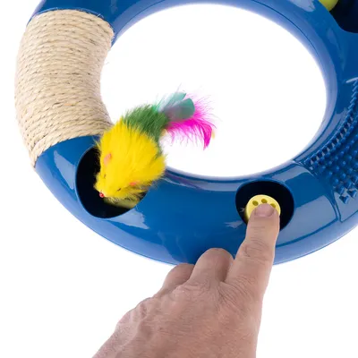 Blue toy with yellow button, sisal rope and colourful plush mouse pendant. Finger presses the yellow button to activate.