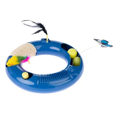 Blue play ring with yellow balls, a colourful mouse made of rope and feathers, and a butterfly on a string. Features a textured surface for extra play fun.