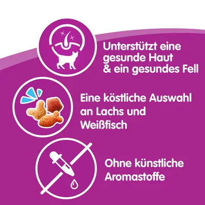 Tekst na njemačkom: Unterstützt eine gesunde Haut & ein gesundes Fell. Eine köstliche Auswahl an Lachs und Weißfisch. Ohne künstliche Aromastoffe.