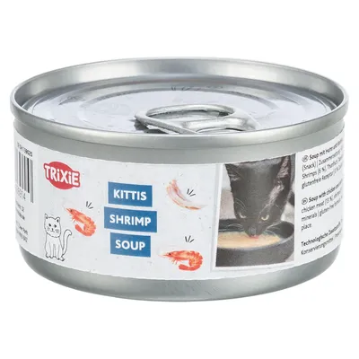 Boîte Trixie Kittis Shrimp Soup, illustration de crevettes, photo d’un chat noir buvant de la soupe, texte en anglais sur l’étiquette.