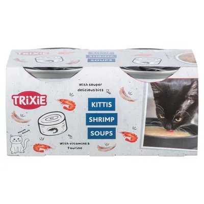Emballage Trixie Kittis Shrimp Soups, illustration de crevettes, texte anglais : With souper delicious bits, With vitamins & Taurine, photo d’un chat noir buvant une soupe.