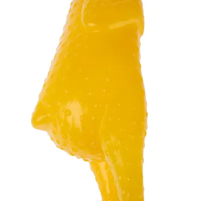 Jouet pour chien en plastique jaune à surface texturée, forme partiellement visible d’animal. Aucun texte ou marque apparente.