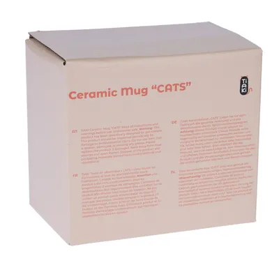 Boîte avec texte : Ceramic Mug 'CATS'. Instructions et avertissements en plusieurs langues, dont français : Tasse en céramique « CATS », lire instructions avant usage, lavable au lave-vaisselle.
