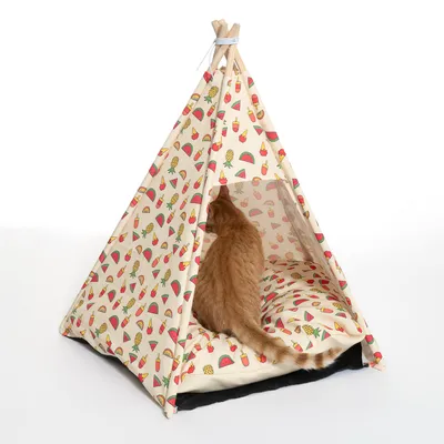 Chat roux assis dans une tente pour animaux en tissu imprimé de fruits (ananas, pastèque) et glaces, structure en bois clair, coussin assorti à l’intérieur.