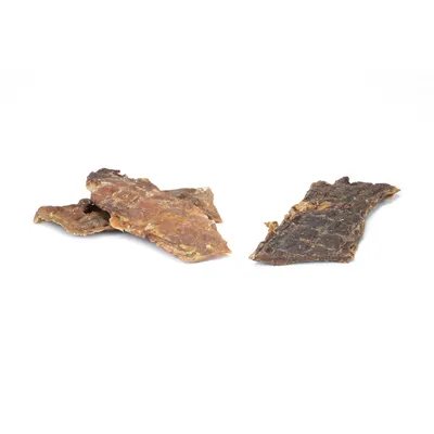Due pezzi di carne essiccata, marrone e marrone scuro, come snack o ricompensa per pet.