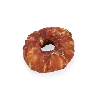 Круглая жевательная закуска из сушёного мяса, коричневая с видимыми волокнами.