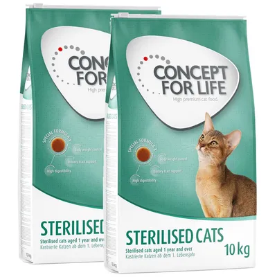 Two bags of Concept for Life Sterilised Cats dry food, 10 kg each. Visible text: 'Sterilised cats aged 1 year and over', 'Body weight control', 'Urinary tract support', 'High digestibility'.