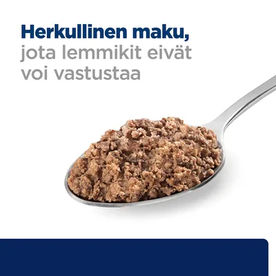 Herkullinen maku, jota lemmikit eivät voi vastustaa -teksti ja lusikallinen ruskeaa lemmikkiruokaa