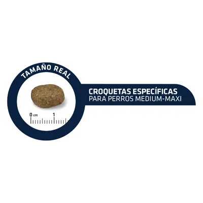 Dimensiune reală crochetă, aproximativ 1 cm. Text în spaniolă: 'Croquetas específicas para perros medium-maxi'.