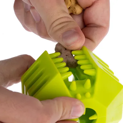 Mano inserisce uno snack nel gioco verde con punte flessibili per intrattenere gli pet.