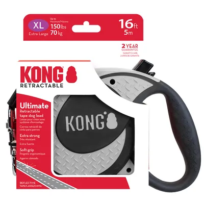 Laisse rétractable KONG XL, jusqu’à 70 kg, longueur 5 m, poignée ergonomique, très résistante, bande réfléchissante, garantie 2 ans. Texte en anglais et espagnol visible sur l’emballage.