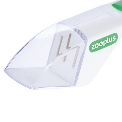 Zooplus etetőadagoló átlátszó műanyag tartállyal és fehér-zöld fogantyúval.