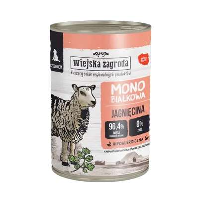 Wiejska Zagroda Mono Białkowa lamm, 96,4 % kött, 0 % spannmål, hypoallergen. Helkost för valpar.