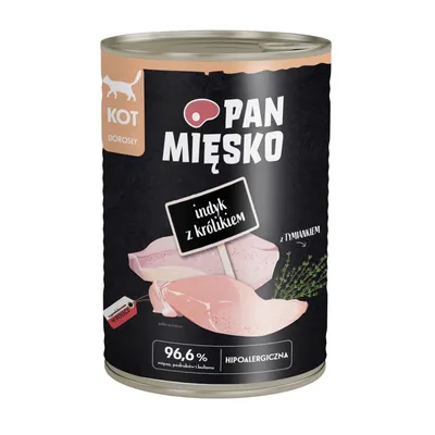 PAN MIĘSKO indyk z królikiem, 96,6 % mięsa, podrobów i bulionu, hipoalergiczna. Texte en polonais. Pour chat adulte (KOT DOROSŁY).