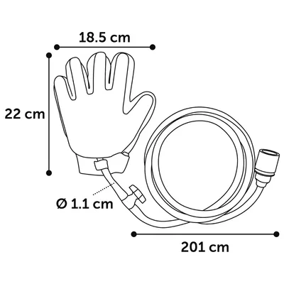 Diagramm mit Abmessungen: Handschuh 18,5 cm breit, 22 cm hoch, Schlauchlänge 201 cm, Durchmesser 1,1 cm.