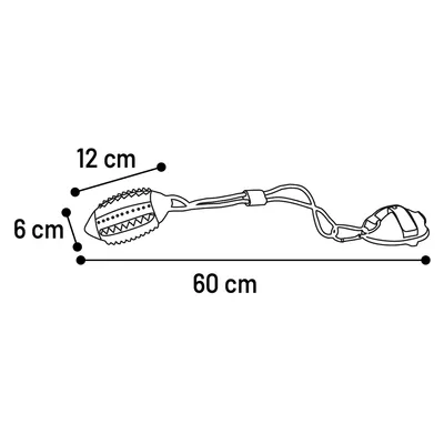 Schéma d’un jouet pour chien avec dimensions : longueur totale 60 cm, partie principale 12 cm de long sur 6 cm de large.