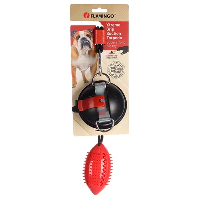 FLAMINGO Xtreme Grip Suction Torpedo, jouet à tirer super résistant avec ventouse noire et balle rouge texturée, texte visible : Super strong tug toy, Boredom breaker, Xtreme Grip 280 newton.