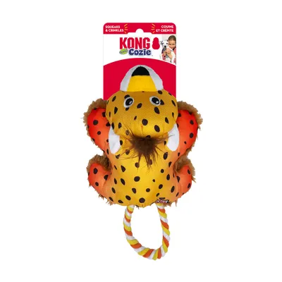 KONG Cozie zabawka dla zwierząt, żółty plusz z czarnymi kropkami, uchwyt z liny. Tekst na opakowaniu: Squeaks & Crinkles, Couine et Crépite.