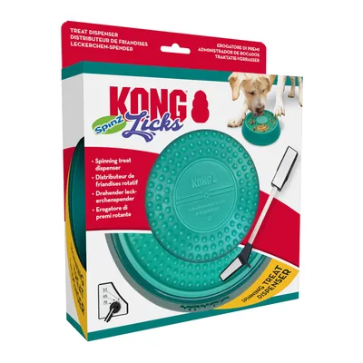 KONG Spinz Licks, drehender Leckerchenspender. Verpackung zeigt grünes Produkt und Hund beim Gebrauch.