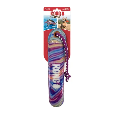 Jouet flottant KONG Wild avec corde, emballage montrant un chien jouant dans l’eau et sur terre, texte visible : 'KONG', 'Floats', 'Jouet flottant'.