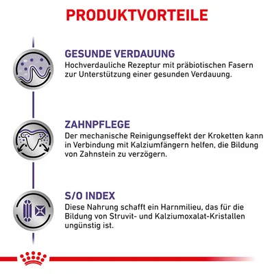 Produktvorteile: Gesunde Verdauung mit präbiotischen Fasern, Zahnpflege durch mechanische Reinigungseffekt, S/O Index für ungünstiges Harnmilieu zur Vermeidung von Kristallbildung.