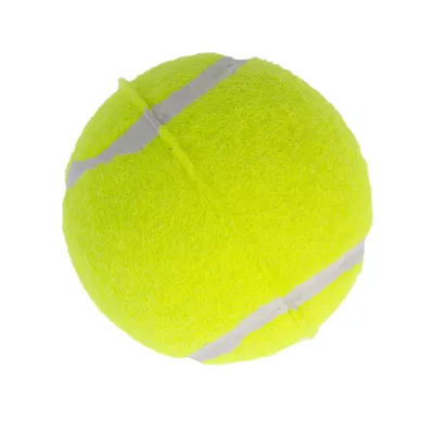 Gul tennisbold med hvide striber, egnet til leg og træning.