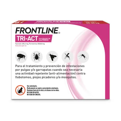 Frontline Tri-Act solución spot-on para perros. Para tratar y prevenir pulgas, garrapatas, mosquitos y otros insectos. No apto para gatos ni conejos.