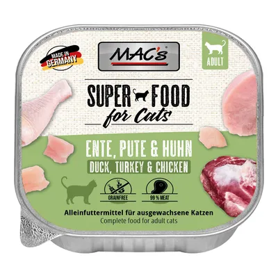 MAC's Super Food for Cats, duck, turkey & chicken. Made in Germany, adult, grain-free, 99% meat. Complete food for adult cats.