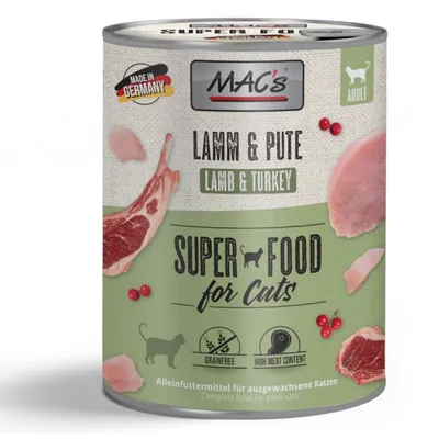 Консерва MAC's Lamm & Pute Super Food for Cats, агнешко и пуешко за котки. Надписи: Made in Germany, Grainfree, High Meat Content, Adult. Изображения на месо и котка.