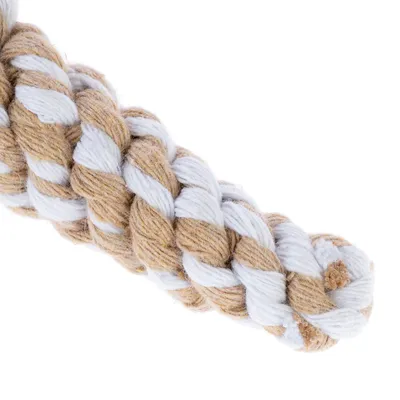 Geflochtenes Seilspielzeug aus beige-weisser Baumwolle, geeignet für Haustiere.